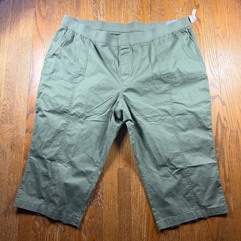 Catherines Women 4X Olive Green Pull On Capri Pants Cotton Stretch Cropped New